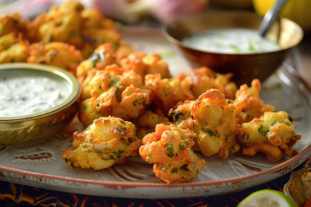 Crispy potato pakoras served with tangy yogurt sauceの素材