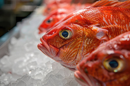 Close-up of big red fish on iceの素材