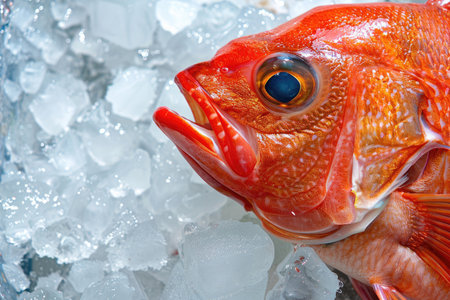 Close-up of big red fish on iceの素材