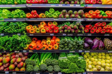 Vibrant fruits and vegetables neatly displayed in the refrigerated shelf of a supermarketの素材