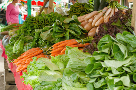 Close-up of fresh vegetables at a bustling marketの素材