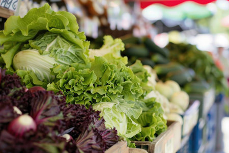 Close-up of fresh vegetables at a bustling marketの素材