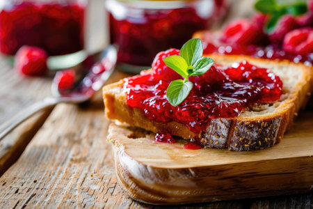 Vibrant homemade sugar-free jam spread on a slice of whole grain toast for healthy eating and dietの素材
