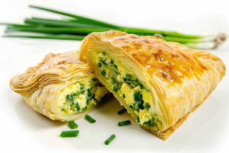 A pastry filled with a mixture of fresh green onions and eggs on a clean white backgroundの素材
