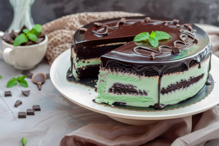An ice cream cake, featuring a classic chocolate sponge with a hint of mint ice cream layerの素材