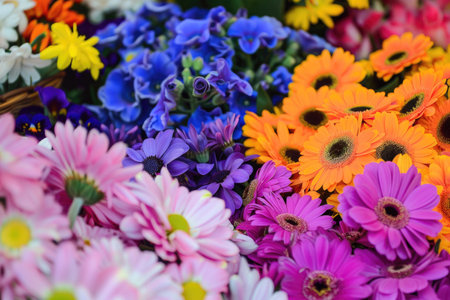 Close-up of fresh and colorful flowers at a bustling flower marketの素材