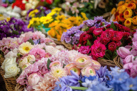 Close-up of fresh and colorful flowers at a bustling flower marketの素材