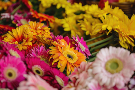 Close-up of fresh and colorful flowers at a bustling flower marketの素材
