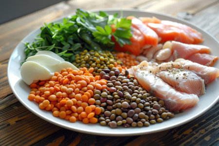 A nutritious plate filled with protein-rich foodの素材