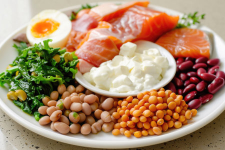 A nutritious plate filled with protein-rich foodの素材