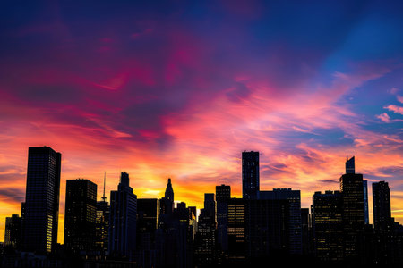 Vibrant city skyline against a colorful sunset skyの素材