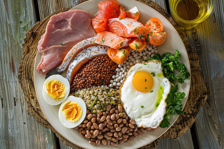 A nutritious plate filled with protein-rich foodの素材