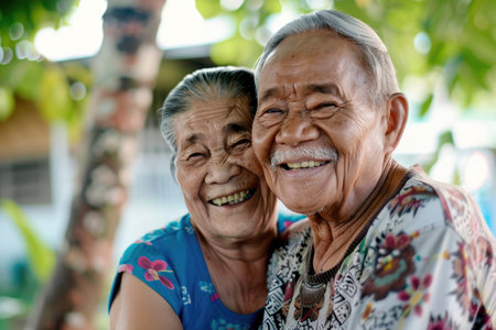 An elderly couple smiling happily togetherの素材