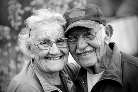An elderly couple smiling happily togetherの素材