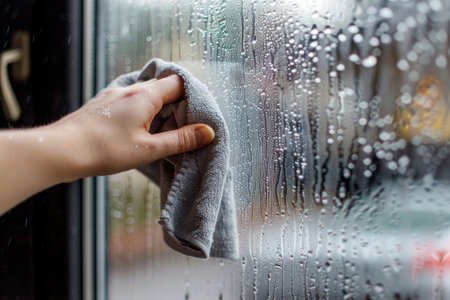 A hand with a cloth wipes a windowpane, leaving streak-free clarityの素材