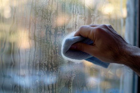 A hand with a cloth wipes a windowpane, leaving streak-free clarityの素材