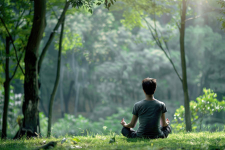 A person meditating in a serene natural settingの素材