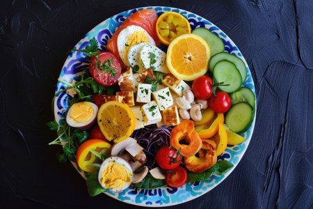 A colorful plate featuring a variety of foods rich in vitamin D-3の素材