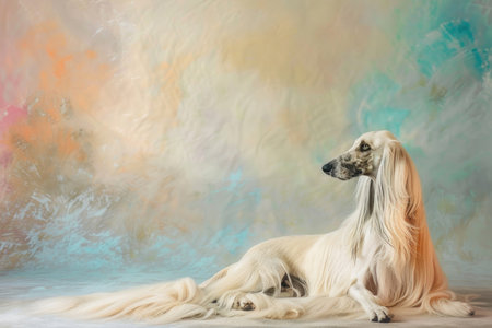 An Afghan Hound exuding grace and beauty against a soft pastel backgroundの素材