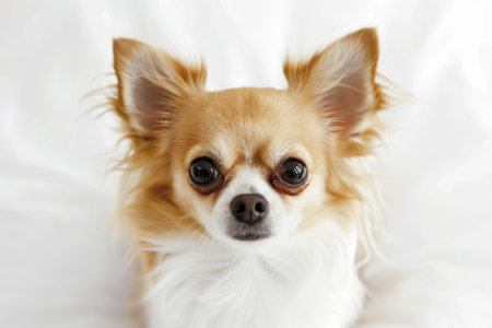 A charming Chihuahua poses against a pristine white backdropの素材