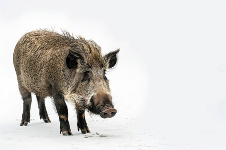 A powerful boar exudes strength and intensity against a pristine white backdropの素材