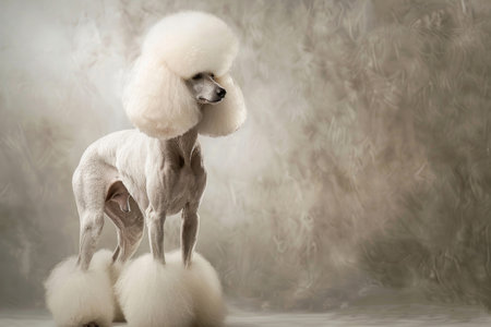A grandiose Standard Poodle posing gracefully against a neutral homogeneous backdropの素材