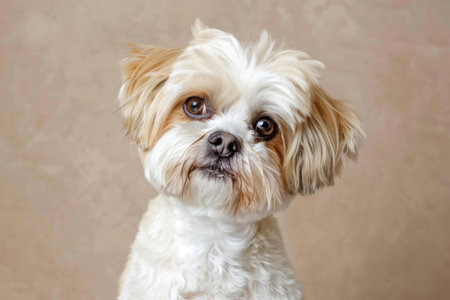 A delightful Shih Tzu-Bichon Frise mix, known as a Shybob against a neutral homogeneous backdropの素材