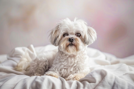 A delightful Shih Tzu-Bichon Frise mix, known as a Shybob against a neutral homogeneous backdropの素材