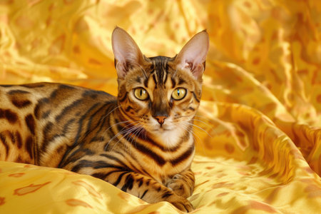 A Bengal cat gracefully isolated against a bright backdropの素材