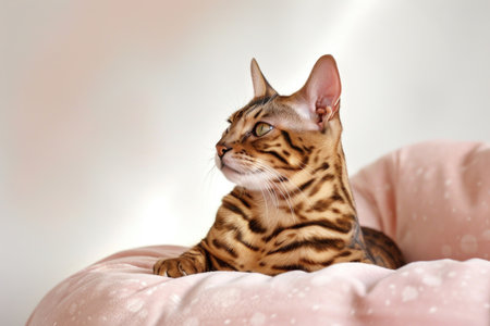 A Bengal cat gracefully isolated against a bright backdropの素材