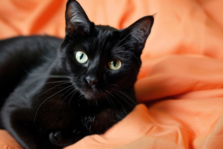 A sleek black cat, radiating mystery and sophistication, isolated against a luminous backdropの素材