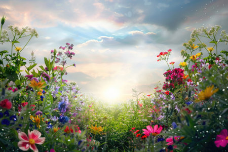 A vibrant image of a colorful floral border surrounding a large open spaceの素材