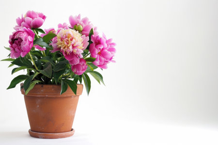 Beautiful peonies arranged in a clay pot against a white backgroundの素材