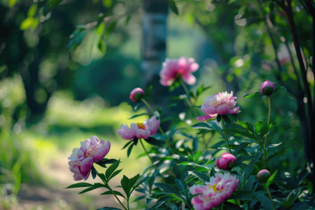 Lush peonies blooming amidst natural surroundingsの素材