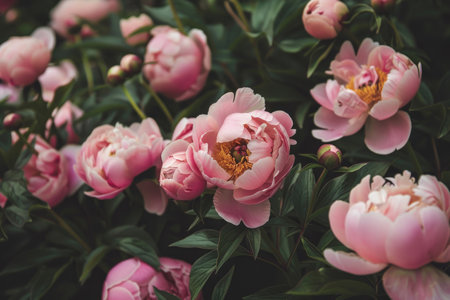 Lush peonies blooming amidst natural surroundingsの素材