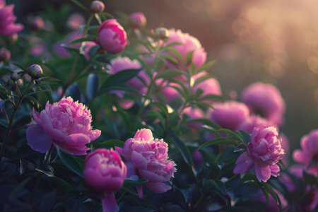 Lush peonies blooming amidst natural surroundingsの素材