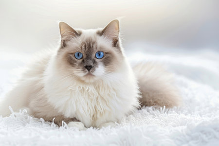 Fluffy ragdoll cat with blue eyes sitting on a light backgroundの素材
