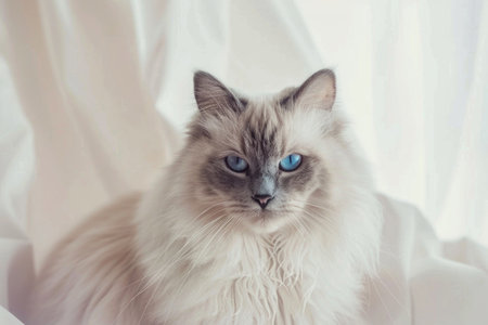 Fluffy ragdoll cat with blue eyes sitting on a light backgroundの素材