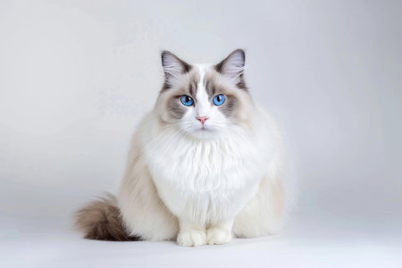 Fluffy ragdoll cat with blue eyes sitting on a light backgroundの素材