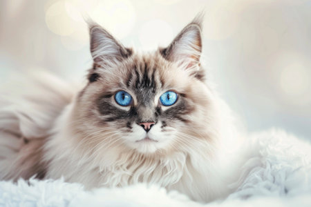 Fluffy ragdoll cat with blue eyes sitting on a light backgroundの素材