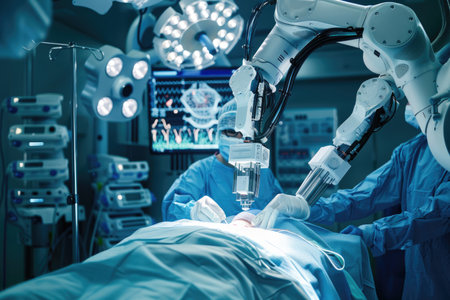 A dramatic image of a robot surgeon operating on a patient with incredible precisionの素材