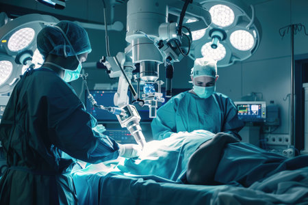 A dramatic image of a robot surgeon operating on a patient with incredible precisionの素材