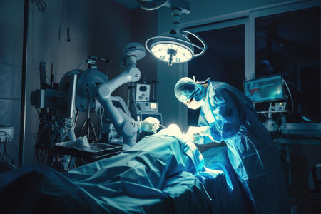 A dramatic image of a robot surgeon operating on a patient with incredible precisionの素材