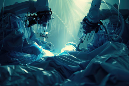 A dramatic image of a robot surgeon operating on a patient with incredible precisionの素材