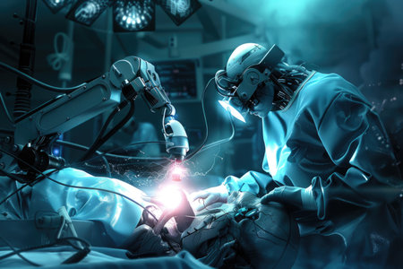 A dramatic image of a robot surgeon operating on a patient with incredible precisionの素材