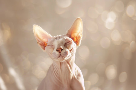 A Sphynx cat on a bright background, showing its unique features and captivating gazeの素材