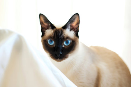 A Siamese cat elegantly isolated against a bright backgroundの素材