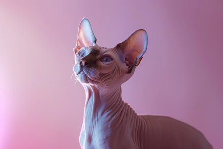 A Sphynx cat on a bright background, showing its unique features and captivating gazeの素材