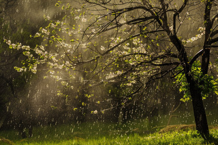 A captivating image of a torrential spring rain, showing the power and beauty of nature's furyの素材