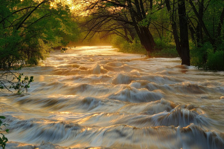 A breathtaking image of a river at its peak during springtimeの素材